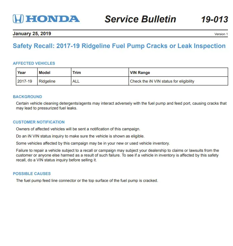 Honda Ridgeline fuel pump leak recall
