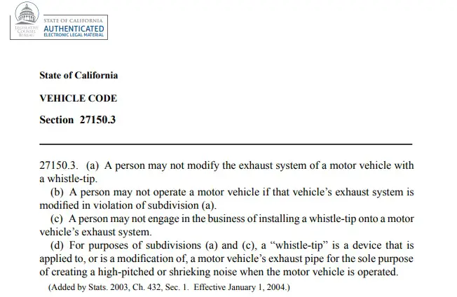 California Vehicle Code on whistle tips