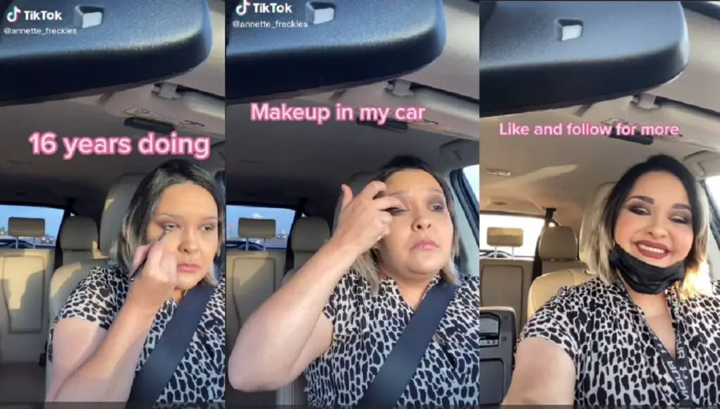 TikToker Annette_Freckles doing makeup while driving