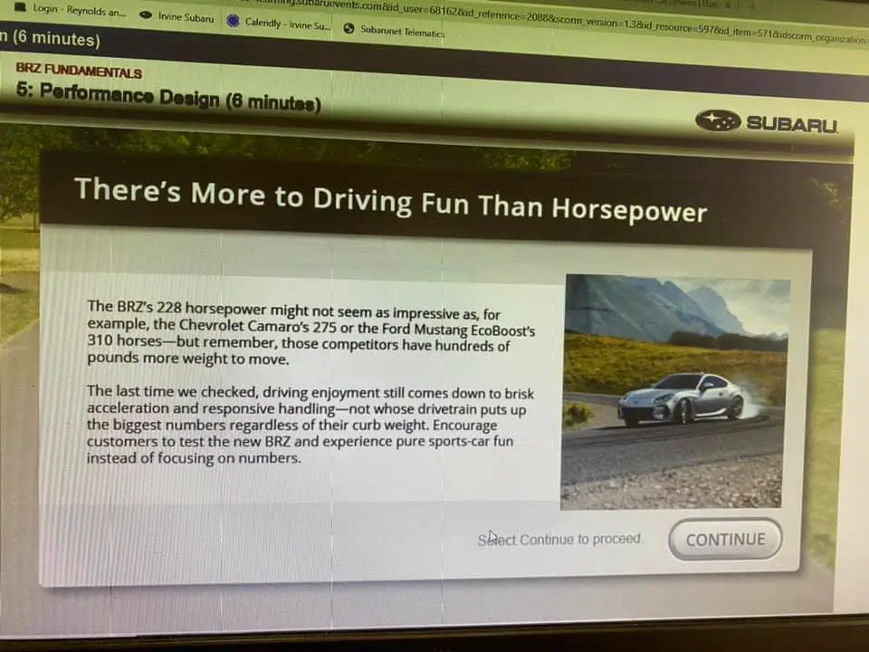 Subaru dealership training slide for 2022 BRZ telling salesmen to focus on the low weight