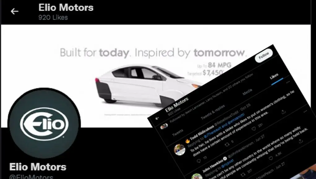 Screenshot of Elio Motors Twitter page