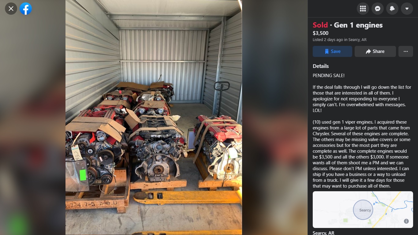 Facebook listing for 10 Dodge Viper engines