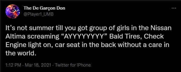 a joke on Twitter making fiun of the average Nissan Altima driver