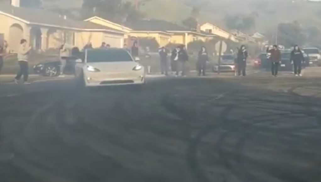 Tesla Model 3 drifting at Bay Area sideshow