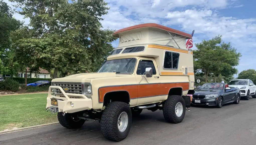 The front view of a 1976 Chevy Chalet for sale in California