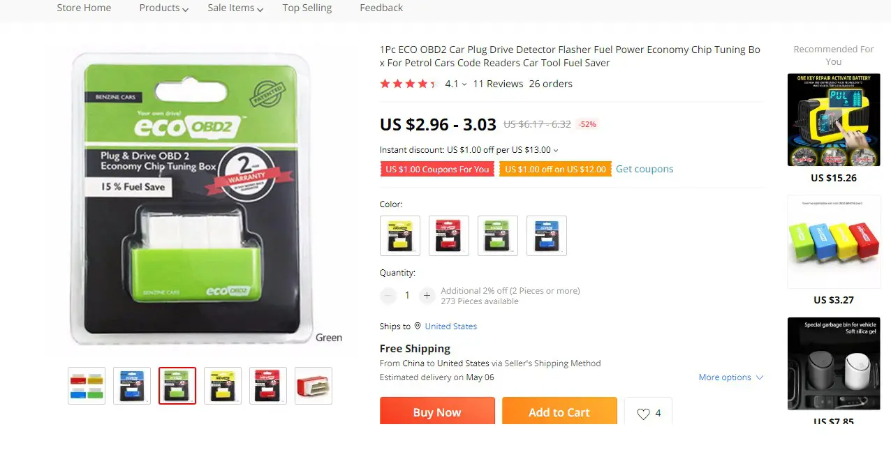 An OBD2 Fuel Saver for sale by AliExpress