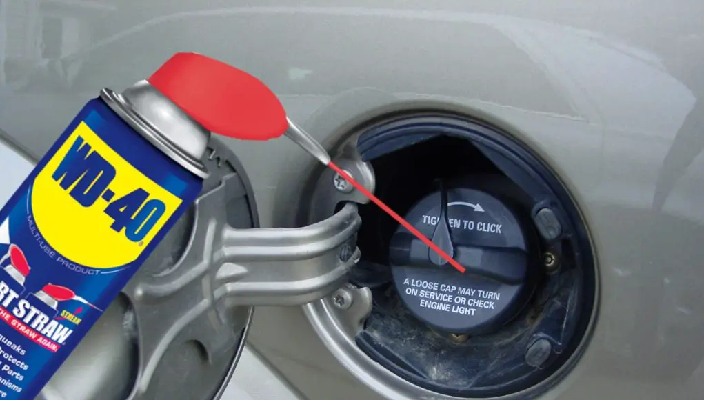 A can of WD-40 aimed at a car's gas cap