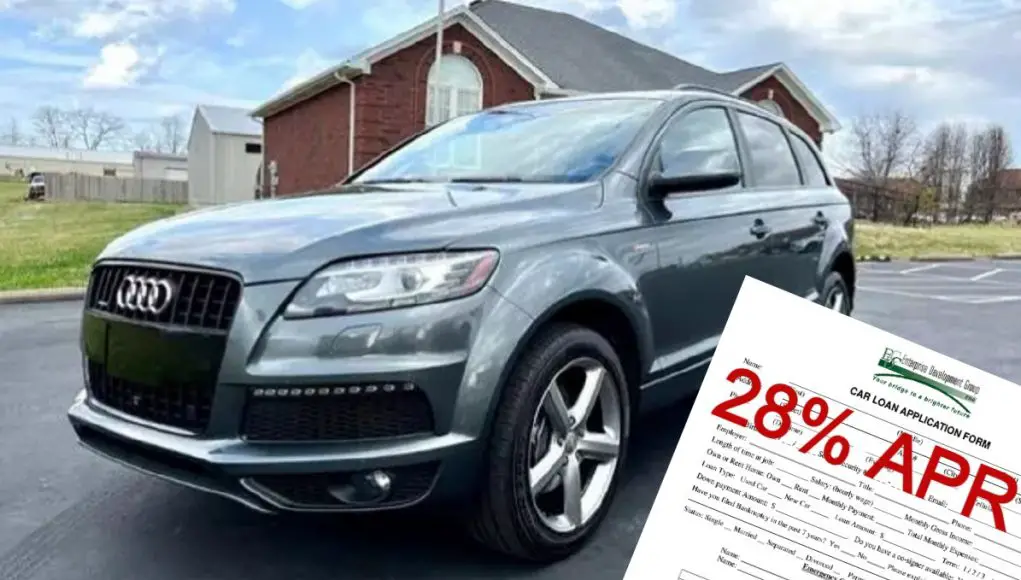 A 2015 Audi Q7 with an auto loan agreement example to the side