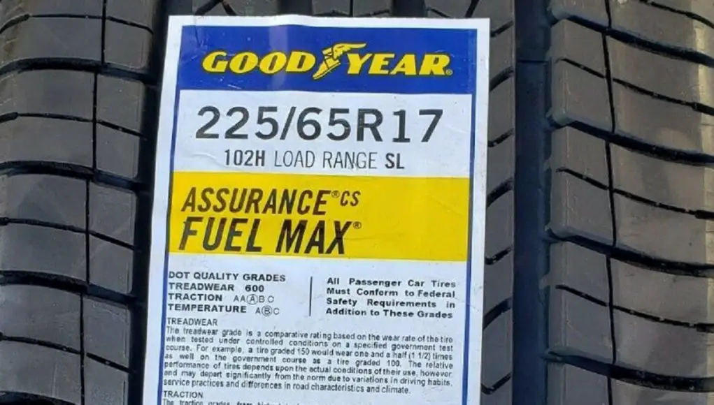 Part of a tire label for a Goodyear Assurance CS Fuel max tire