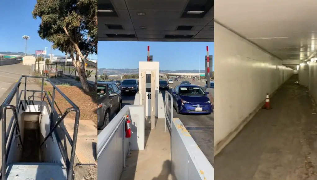 The entrance and screenshots from the Bay Bridge Toll Plaza Pedestrian Walkway