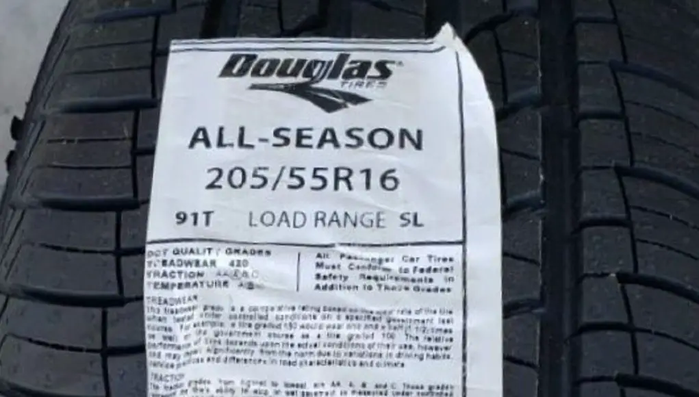 A tire label for Douglas All-Season tires
