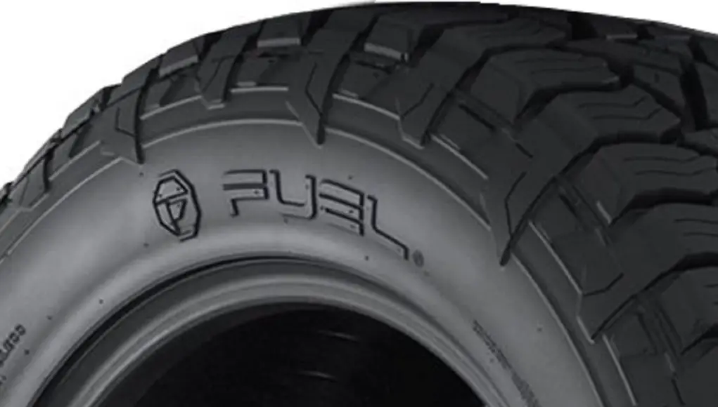 A close up of a Fuel Off-Road tire showing their logo