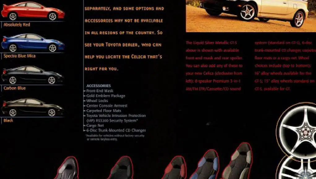 Screenshot of a brochure for the 2000 Toyota Celica