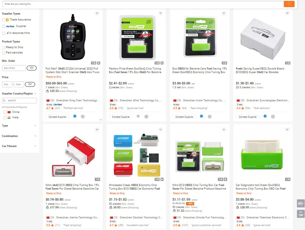 A screenshot of OBD2 Fuel Saver devices you can buy wholesale on Alibaba.com