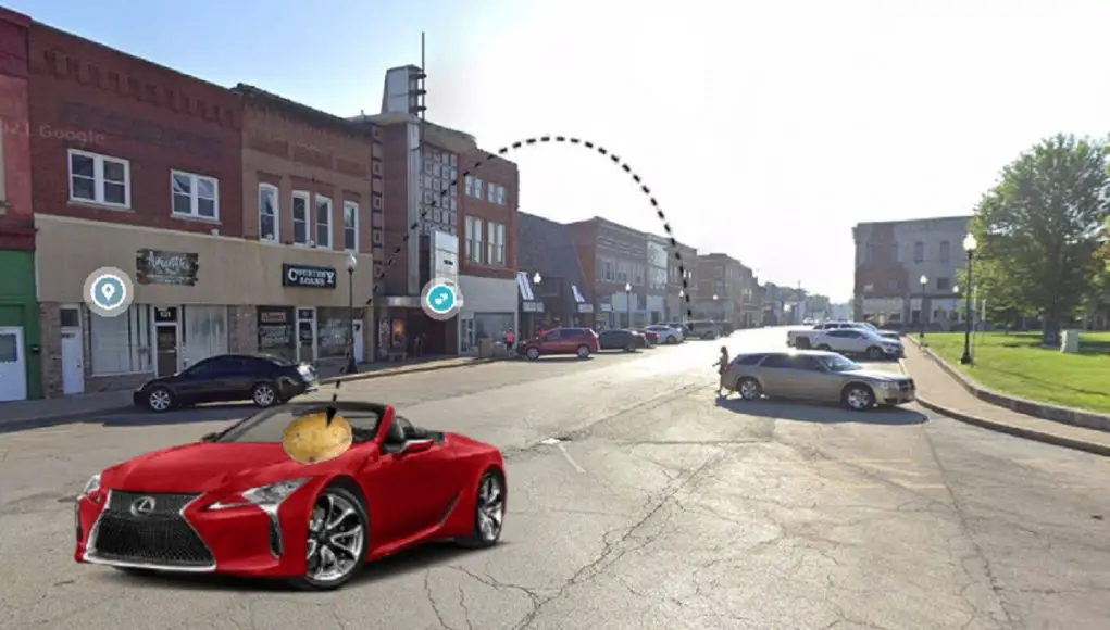 A recreation of a Lexus convertible gets hit by a potato in Taylorville, IL