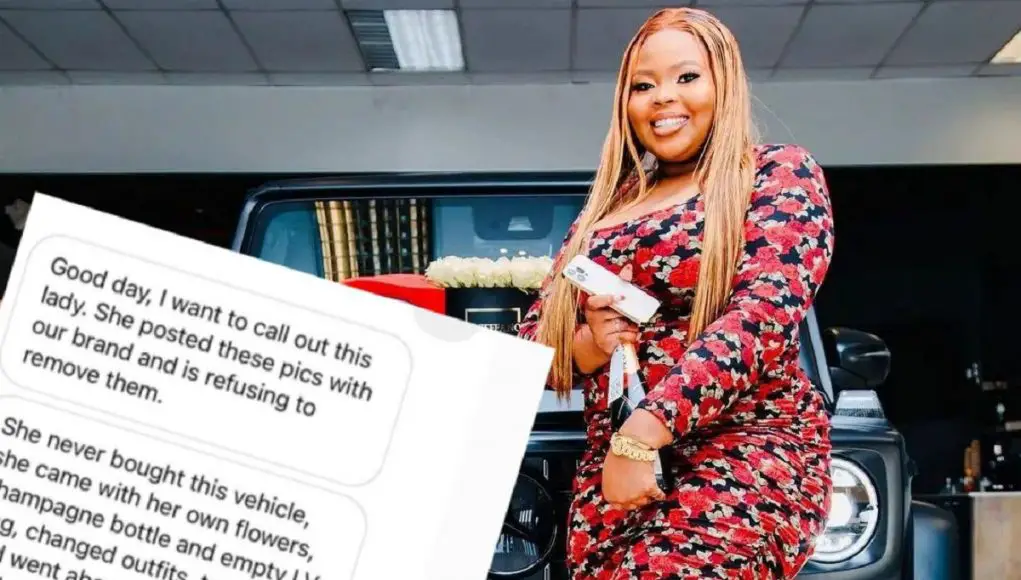 Forex Influencer @Khali_Billions in front of an AMG G 63 that the dealership claims she never bought, despite her posts to the contrary