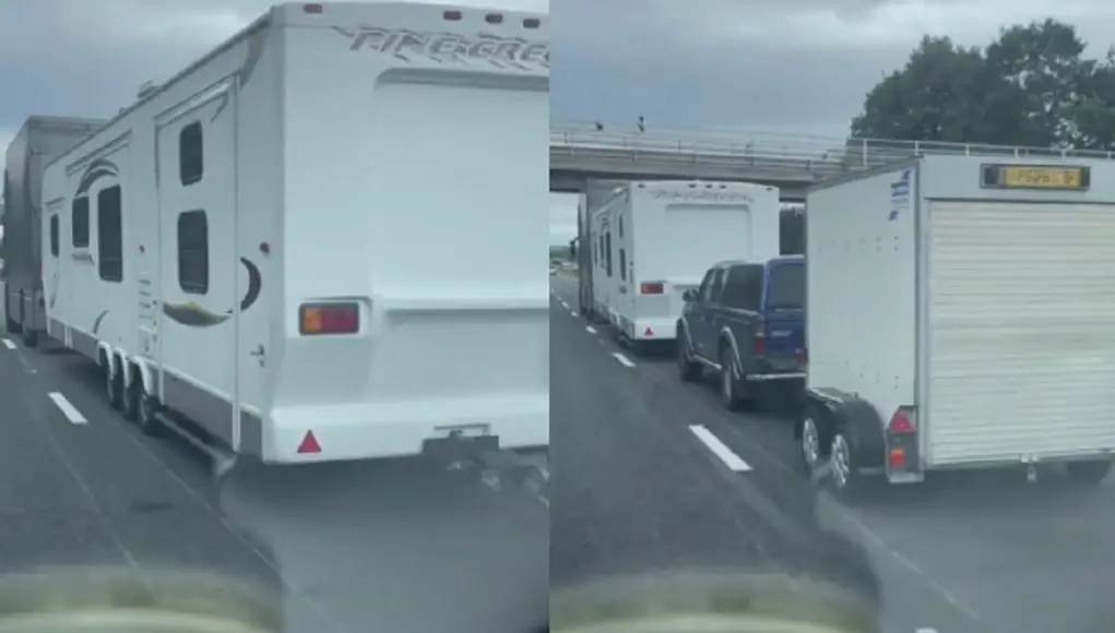 A semi truck is towing three other vehicles behind it and it's perfectly legal