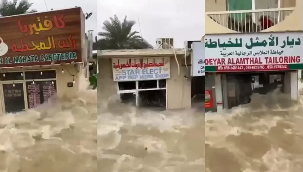 Military truck driving through UAE flash floods is breaking windows thanks to its wake