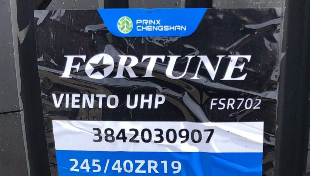 A tire sticker on a Fortune Viento tire