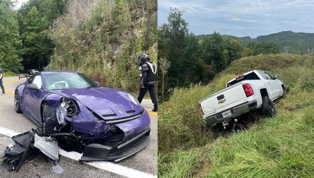 Adam LZ's PTS Ultraviolet 992 GT3 shortly after crashing on the Tail of the Dragon