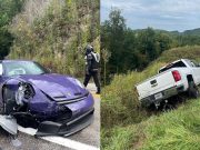 Adam LZ's PTS Ultraviolet 992 GT3 shortly after crashing on the Tail of the Dragon