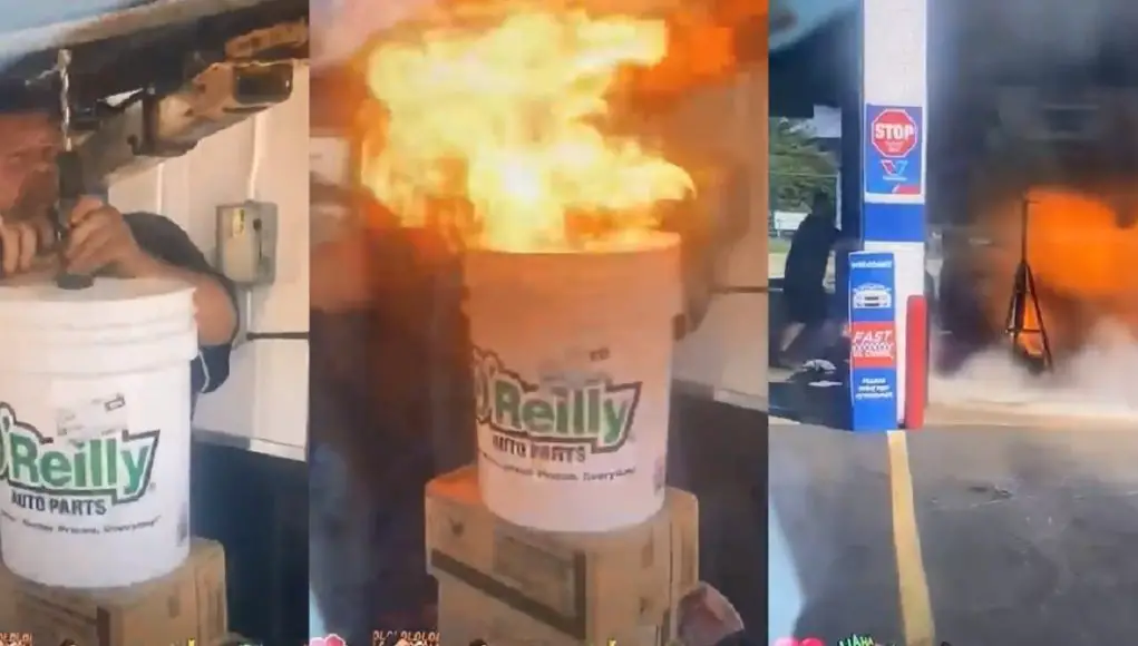screenshots showing a fire started by someone drilling into a gas tank