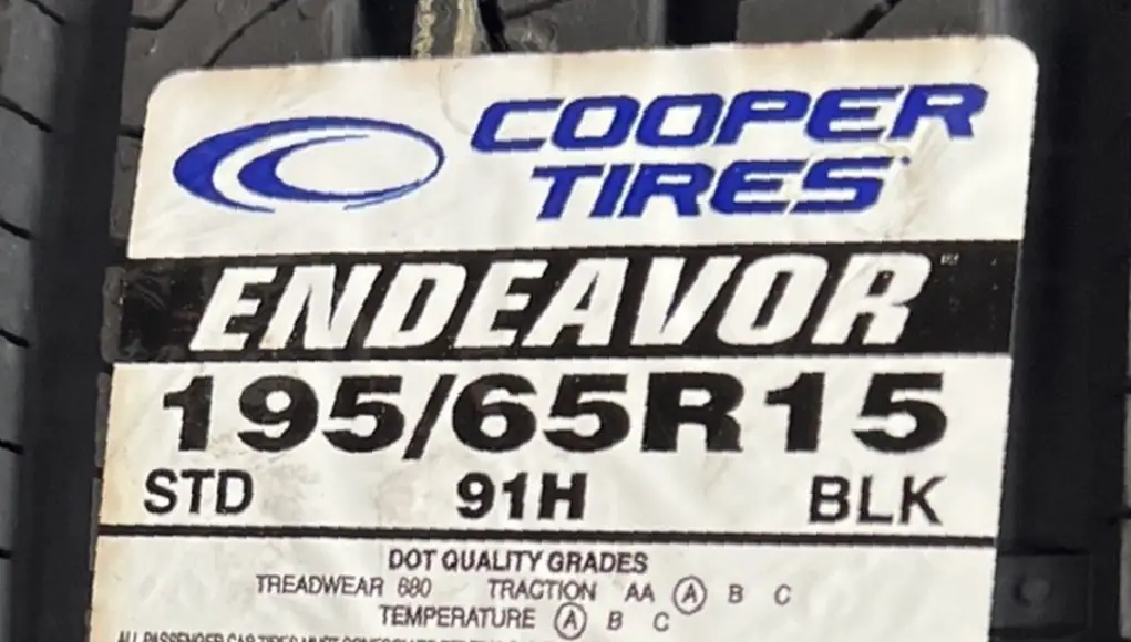A tire sticker found on a Cooper Endeavor