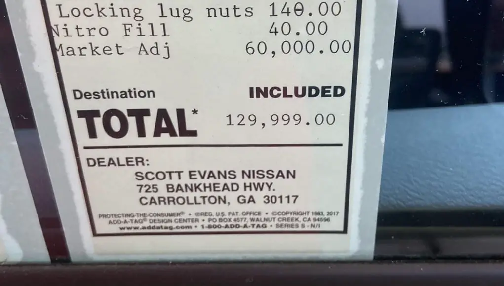 A window sticker for a 2023 Nissan Z Proto Spec showing a $60,000 markup