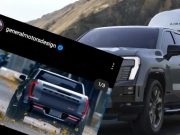 A screenshot of an Instagram post by General Motors Design over a photo of the Sierra Denali EV pulling a trailer