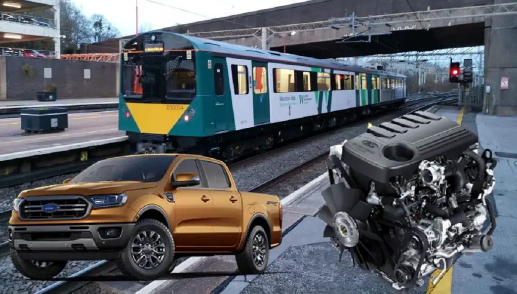 A Ford Ranger and 2.3L Duratorq engine in front of a Vivarail Class 230 light rail train