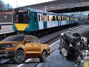 A Ford Ranger and 2.3L Duratorq engine in front of a Vivarail Class 230 light rail train