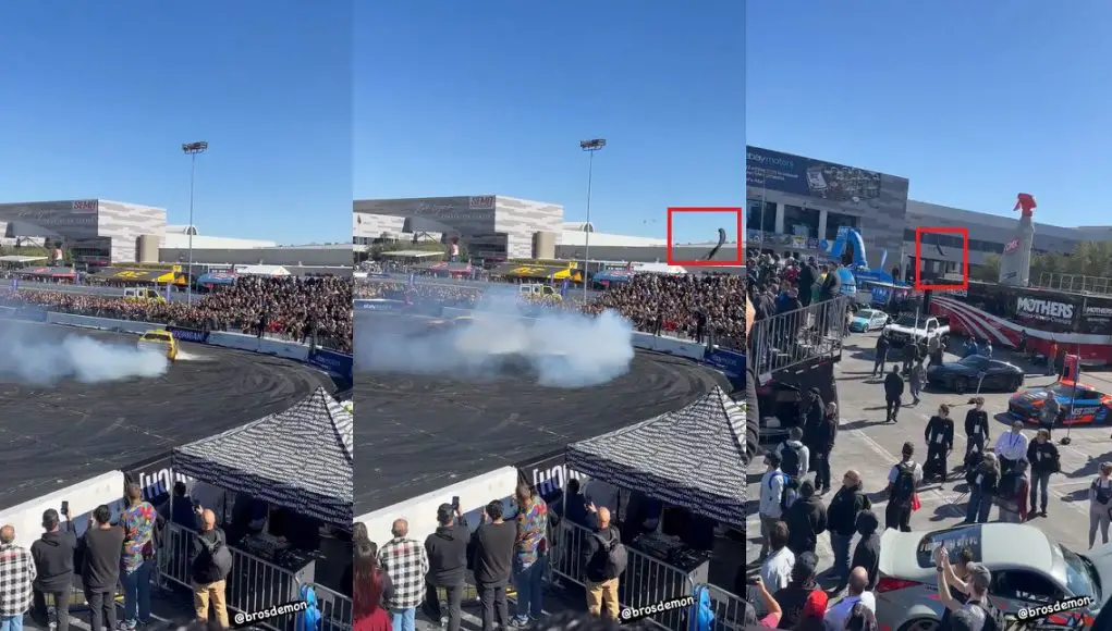 A tire from BrosDemon's Taxi blows up during SEMA 2022's Hoonigan BurnYard Burnout exhibition