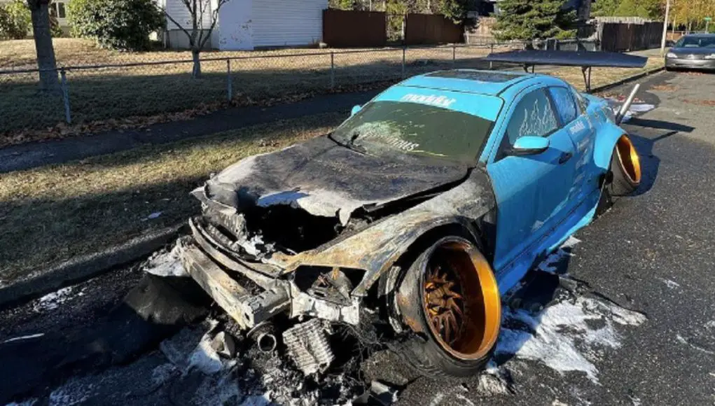 A stanced and cambered Mazda RX8 built by Luke AKA @StancyPants burned after an alleged arson attack