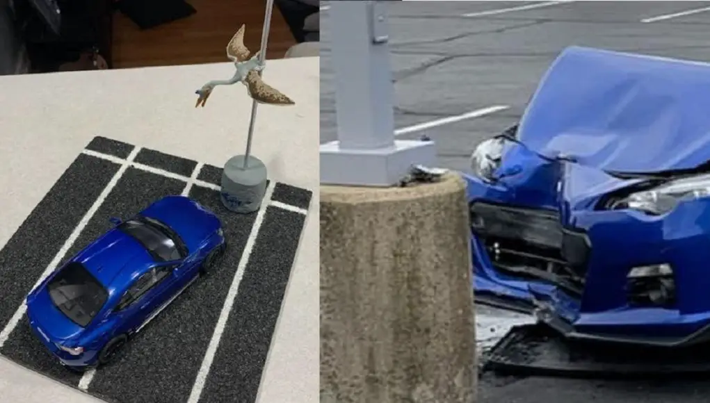 A crashed front end of a Subaru BRZ and a Tamiya recreation