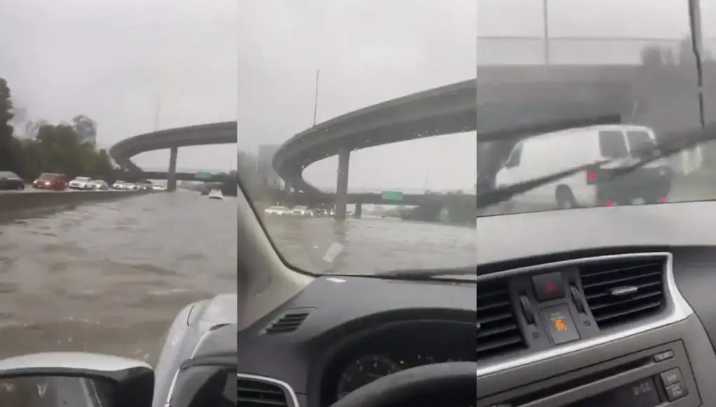 Bay Area driver going through a flooded section of Highway 101 near South San Francisco