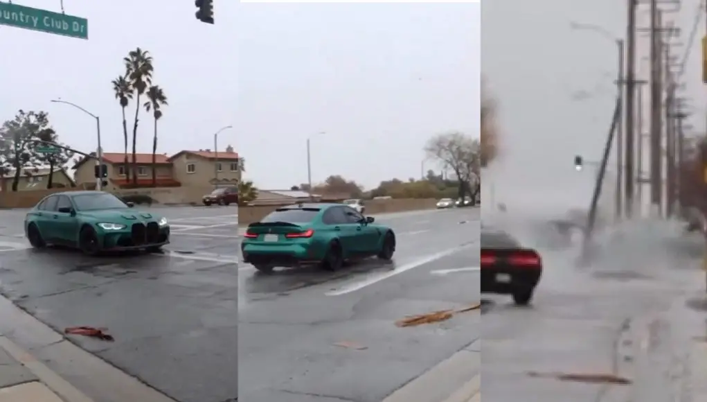 BMW M3 competition takes out light pole in Palmdale