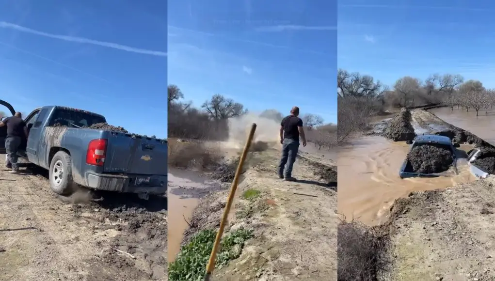 A farmer puts a truck into drive and crashes it into a broken levee