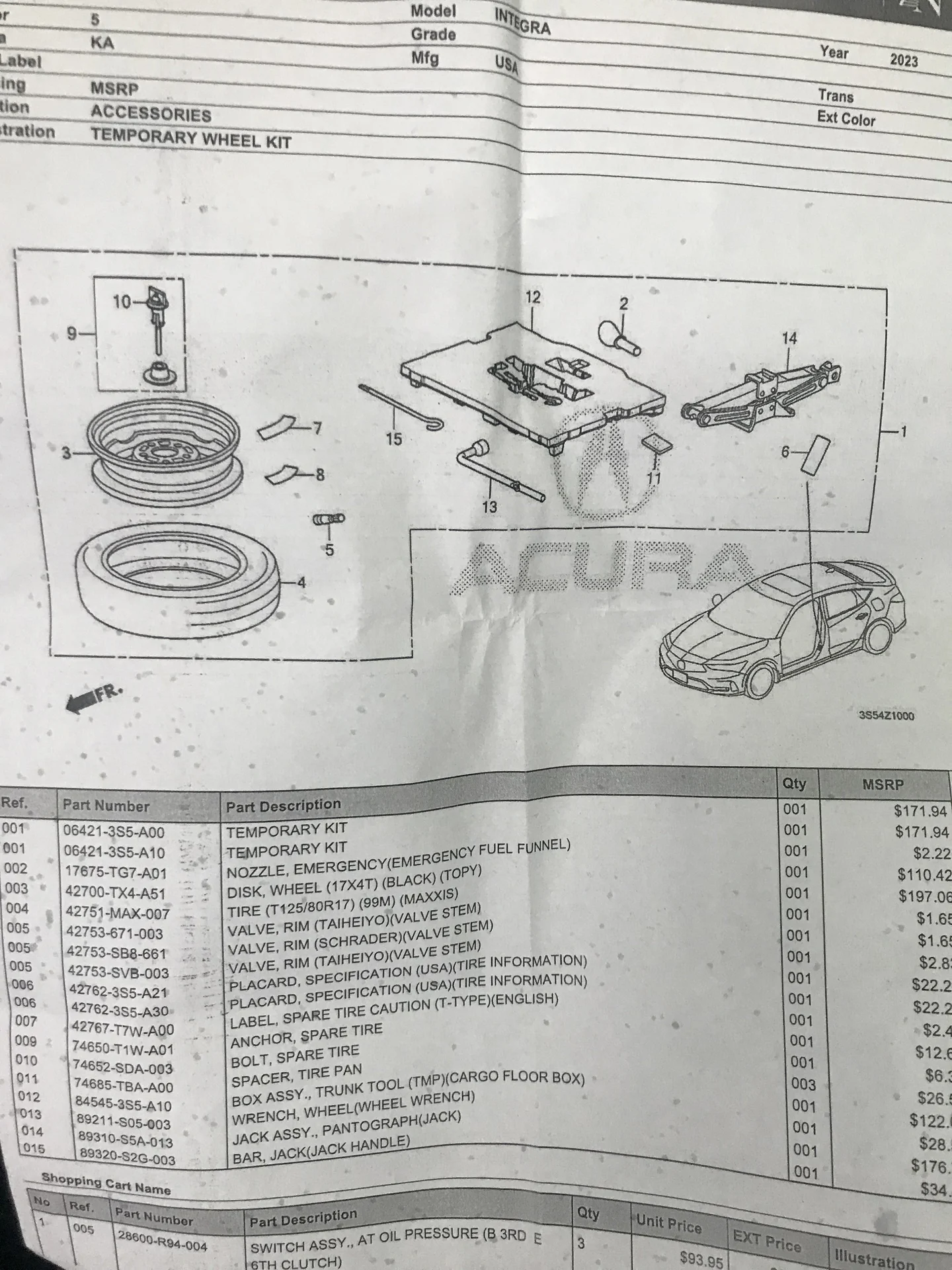 Diagram and parts list for 2023 Acura Integra spare tire kit and parts