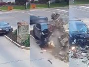 Car driving into and destroying an access control point in front of a gated community