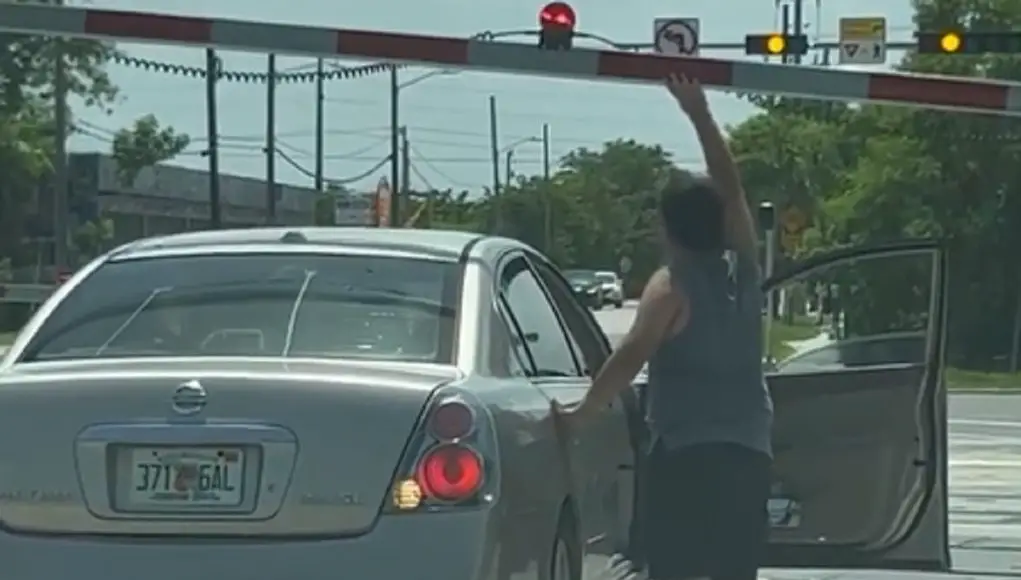 Kid holds up railroad crossing arms to avoid getting hit by Brightline train.
