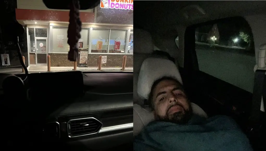 Boston-area husband parks outside Dunkin' Donuts where his wife works so she knows he's nearby.