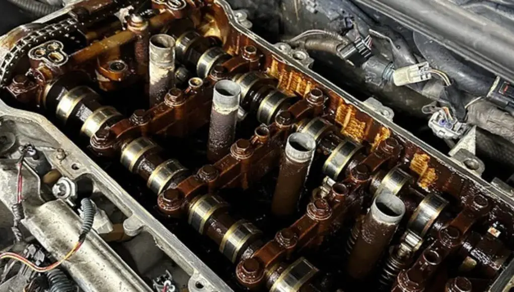 Sludge build-up the engine of a Toyota Corolla.