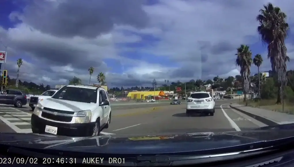 Out of control Chevy SUV in Spring Valley, CA careens towards driver exiting the 94.