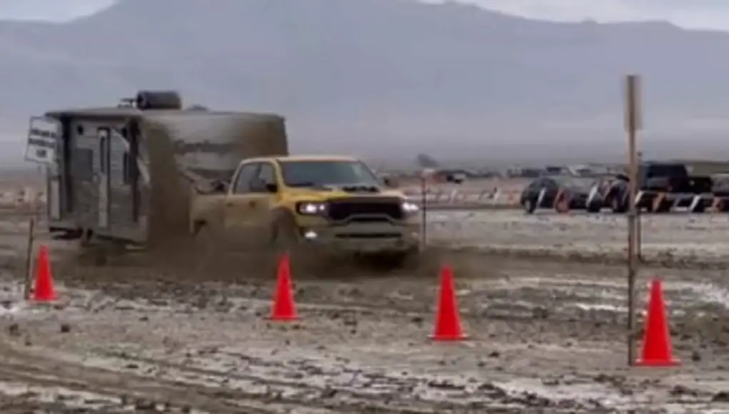 Ram Rebel TRX towing trailer escapes from Burning Man