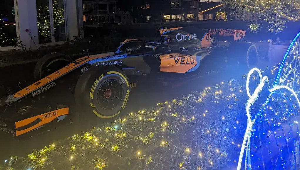 McLaren F1 car used as lawn Christmas decoration in Newport Beach, California.