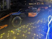 McLaren F1 car used as lawn Christmas decoration in Newport Beach, California.