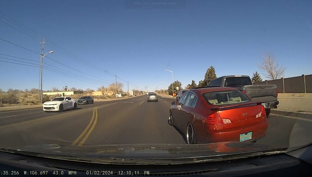 Infinti 635 in Rio Rancho chains together sequence of dangerous lane changes.