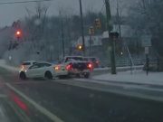 Tesla driver in bloomfield TWP going too fast in the snow. Crashes.