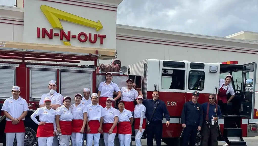 Oakland Firefighters posing outside of an In-N-Out.