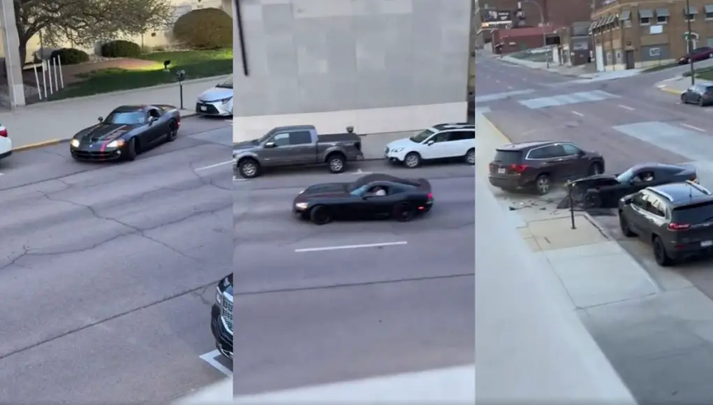 Dodge Viper driver wrecks exiting parking spot in Sioux City, IA.